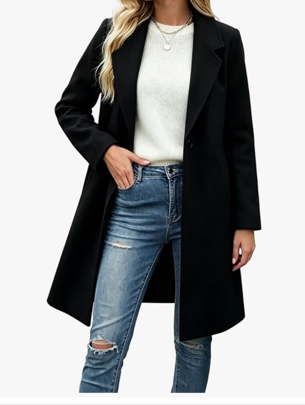 Double-Breasted Long Notch Lapel Coat - Black